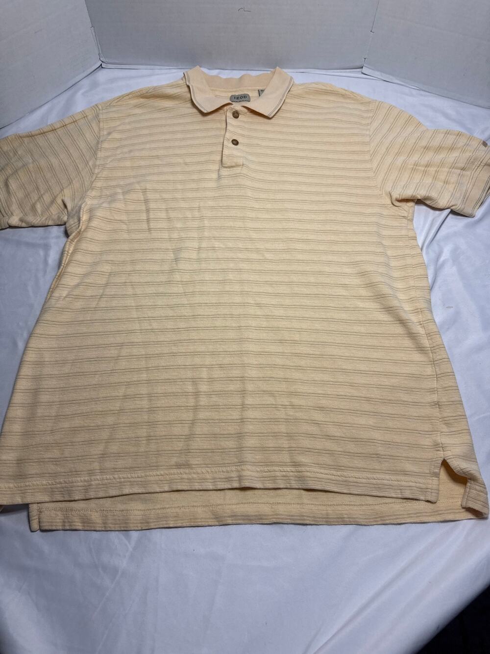 IZOD Mens XL Polo Shirt Yellow Striped Textured 100% Cotton Short Sleeve